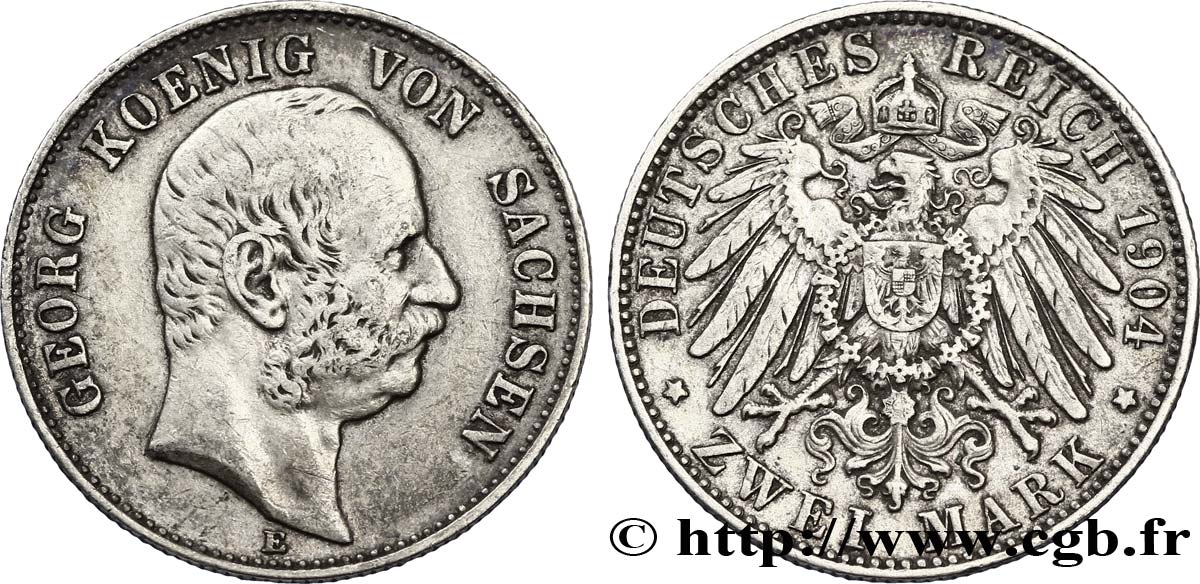 ALEMANIA - SAJONIA 2 Mark Royaume de Saxe, roi Georges / aigle impérial 1904 Muldenhütten - E MBC 