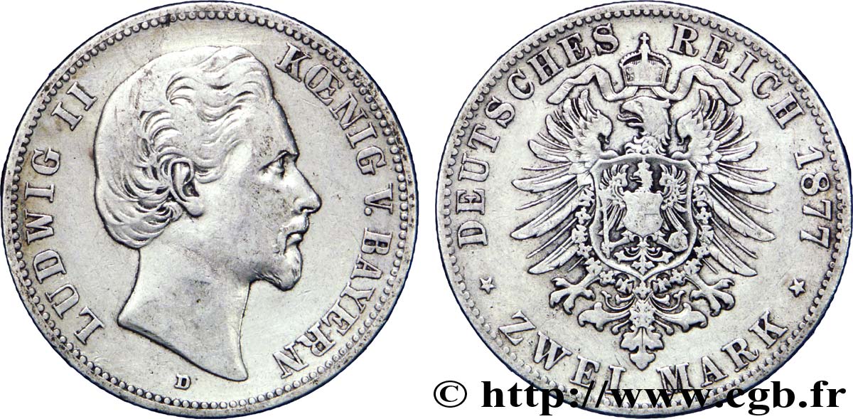 GERMANY - BAVARIA 2 Mark Louis II / aigle 1877 Munich - D XF 