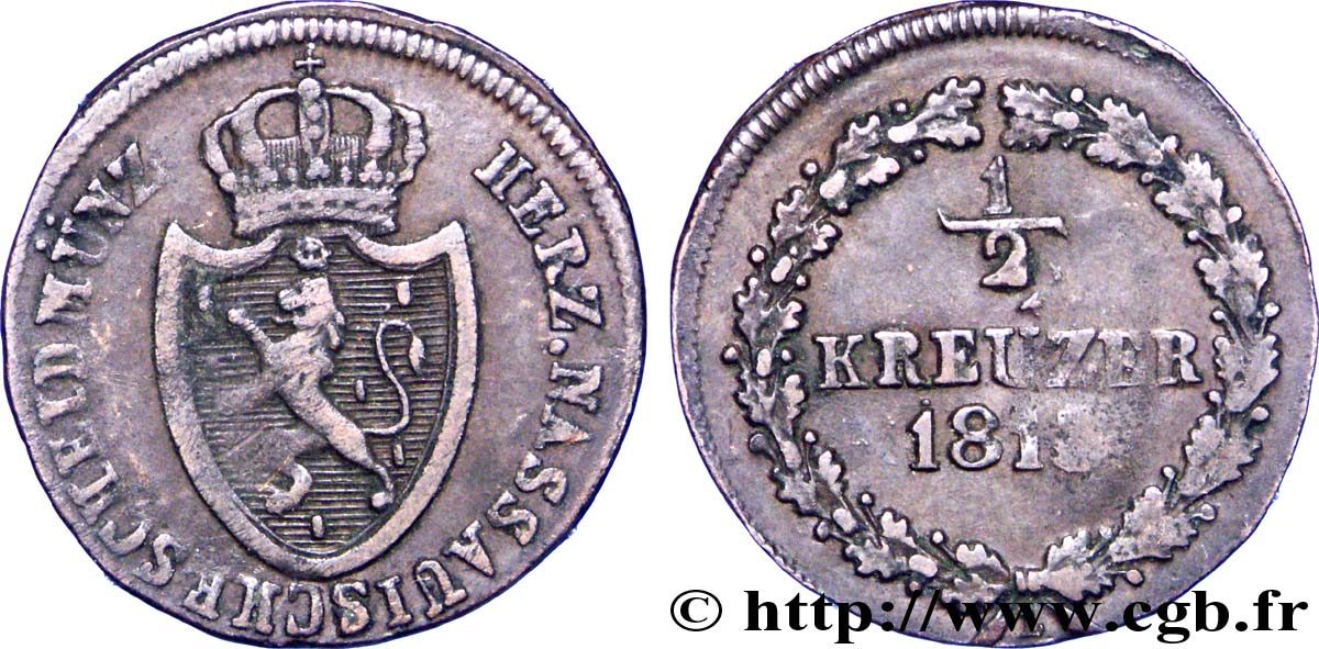 ALEMANIA - NASSAU 1/2 Kreuzer Grand-Duché de Nassau 1813  BC+ 