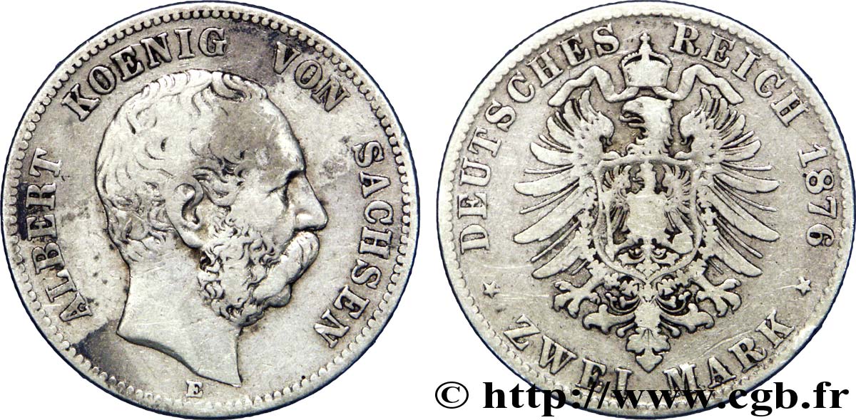 GERMANIA - SASSONIA 2 Mark - Royaume de Saxe Albert / aigle 1876 Dresde - E q.BB 