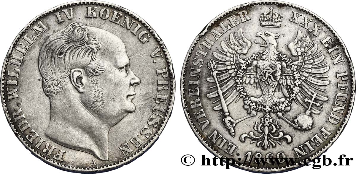 GERMANIA - PRUSSIA 1 Vereinsthaler Frédéric-Guillaume IV / aigle 1860 Berlin BB 