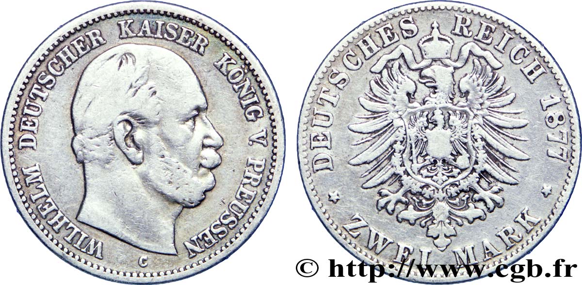 GERMANY - PRUSSIA 2 Mark Guillaume / aigle 1877 Francfort - C VF 