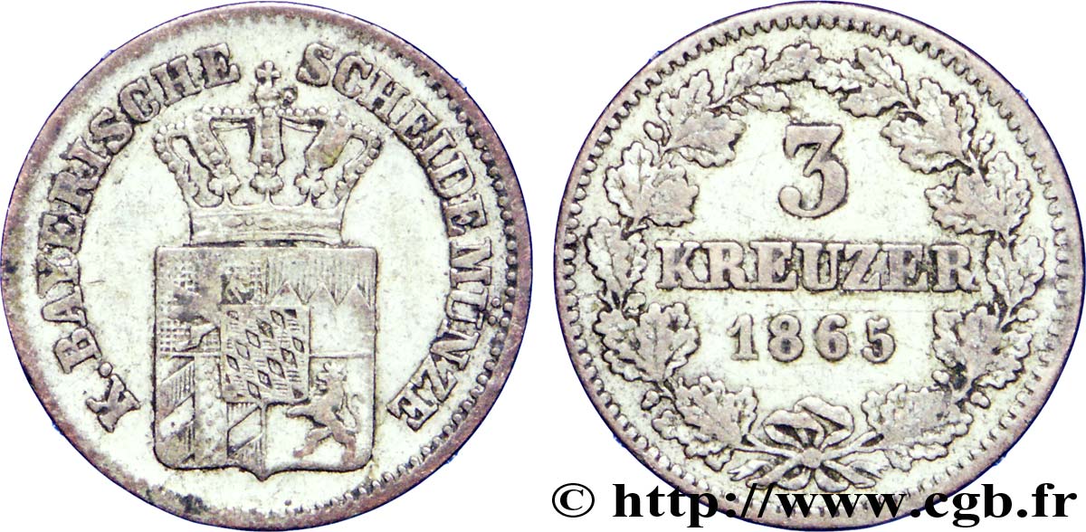 GERMANY - BAVARIA 3 Kreuzer armes couronnées de Bavière 1865  XF 