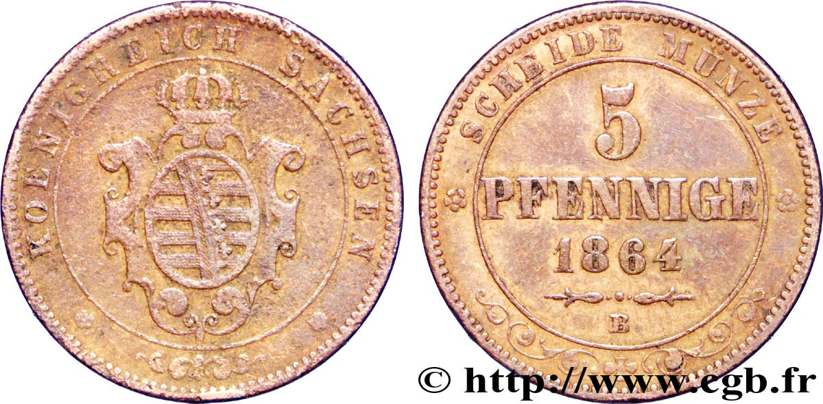 DEUTSCHLAND - SACHSEN 5 Pfennige Royaume de Saxe, blason 1864 Dresde fSS 