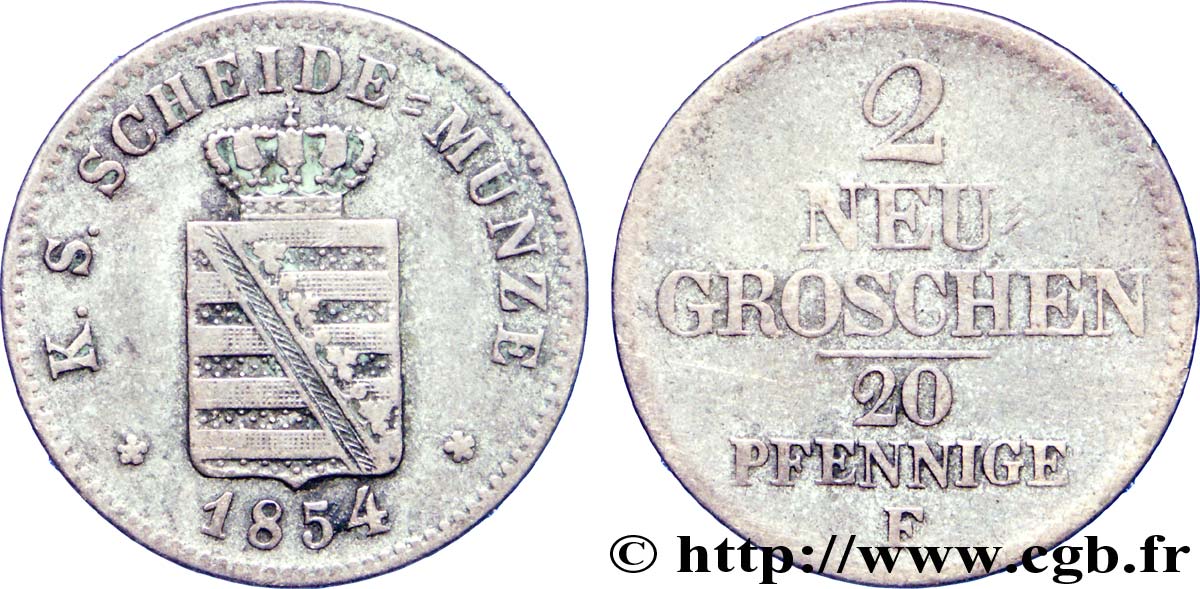 ALEMANIA - SAJONIA 2 Neugroschen (20 Pfennige) Royaume de Saxe 1854 Dresde BC+ 