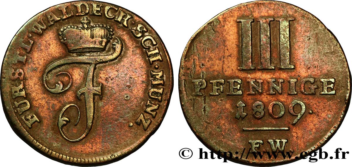 ALLEMAGNE - WALDECK-PYRMONT 3 Pfenninge principauté de Waldeck-Pyrmont, monogramme de Frédéric Charles Auguste 1809 Arolsen TB 