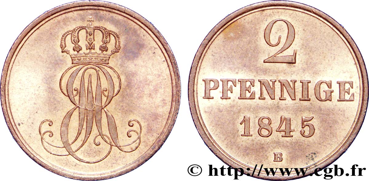 ALEMANIA - HANóVER 2 Pfennige Royaume de Hanovre monograme EAR (roi Ernest-Auguste) 1845  EBC 