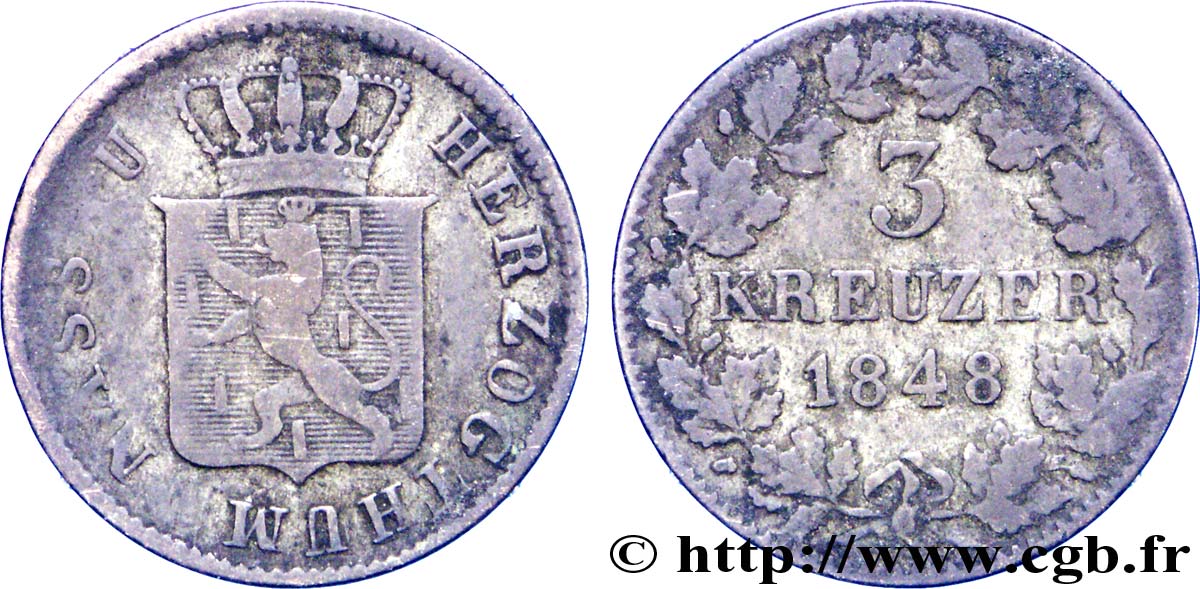 ALEMANIA - NASSAU 3 Kreuzer Grand-Duché de Nassau 1848  BC 