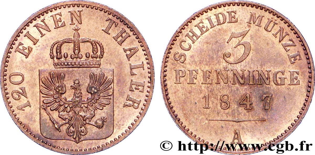 ALEMANIA - PRUSIA 3 Pfenninge Royaume de Prusse écu à l’aigle 1847 Berlin SC 