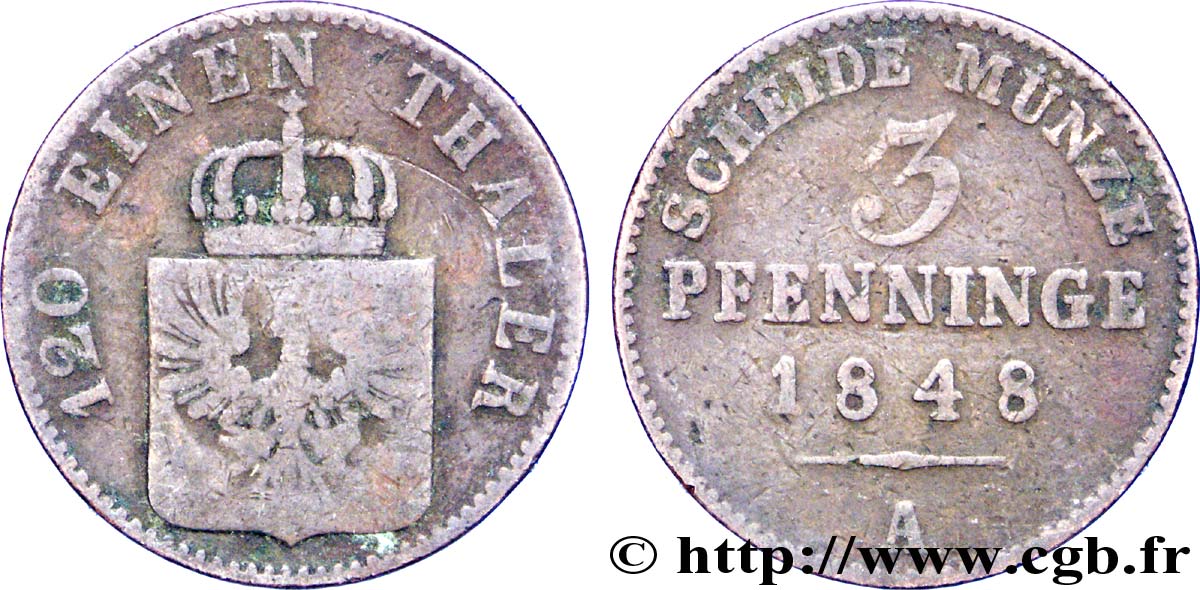 GERMANIA - PRUSSIA 3 Pfenninge Royaume de Prusse écu à l’aigle 1848 Berlin q.MB 