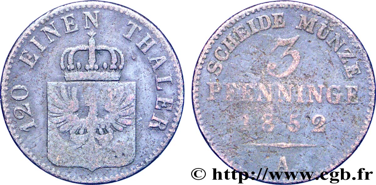 ALEMANIA - PRUSIA 3 Pfenninge Royaume de Prusse écu à l’aigle 1852 Berlin RC+ 