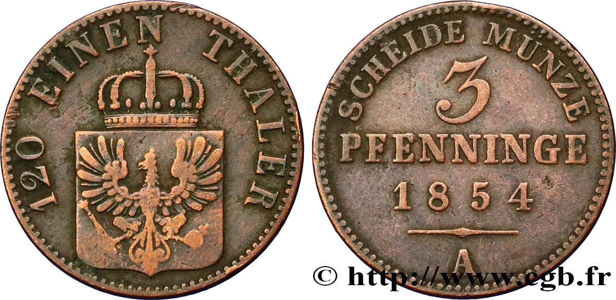 GERMANIA - PRUSSIA 3 Pfenninge Royaume de Prusse écu à l’aigle 1854 Berlin BB 