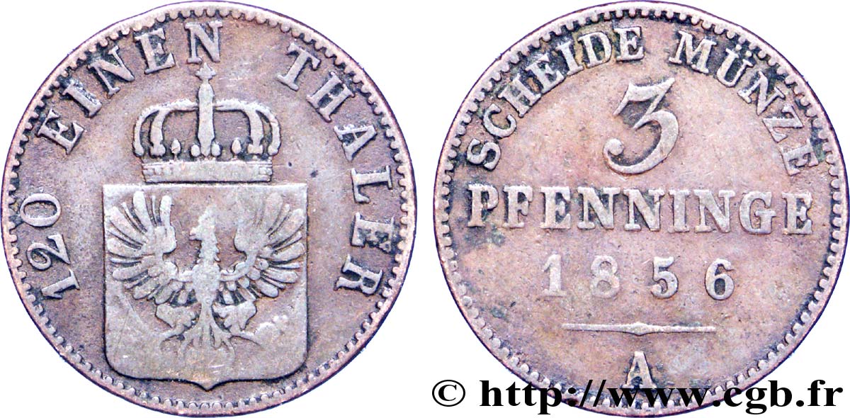 ALEMANIA - PRUSIA 3 Pfenninge Royaume de Prusse écu à l’aigle 1856 Berlin BC 