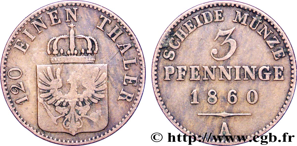 ALEMANIA - PRUSIA 3 Pfenninge Royaume de Prusse écu à l’aigle 1860 Berlin BC 