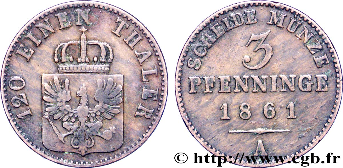 ALEMANIA - PRUSIA 3 Pfenninge Royaume de Prusse écu à l’aigle 1861 Berlin MBC 