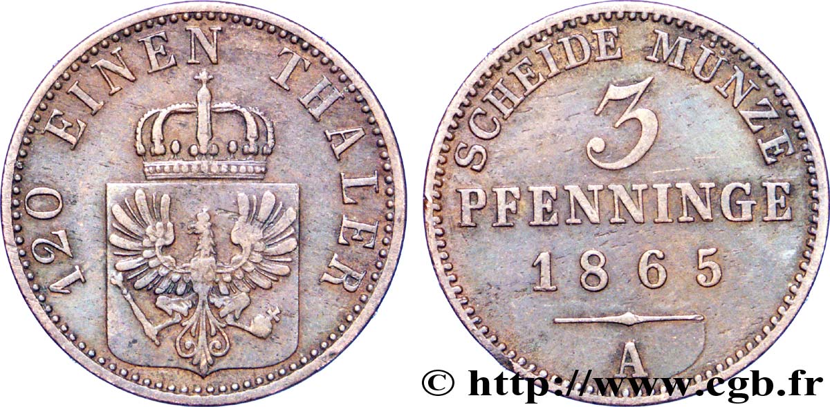 GERMANIA - PRUSSIA 3 Pfenninge Royaume de Prusse écu à l’aigle 1865 Berlin BB 