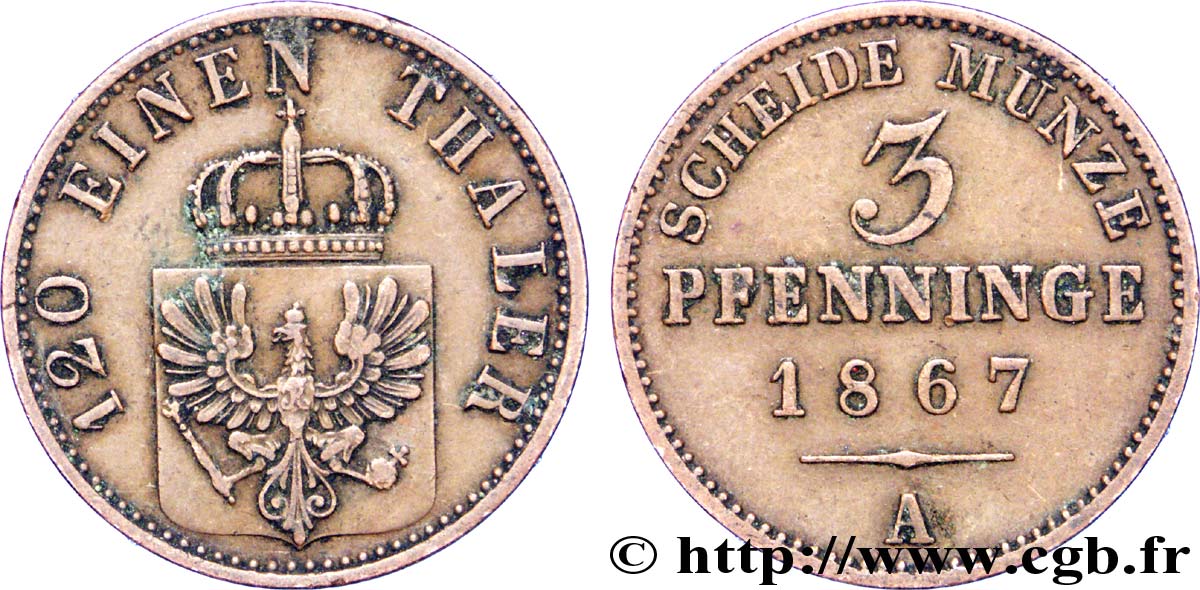 GERMANIA - PRUSSIA 3 Pfenninge Royaume de Prusse écu à l’aigle 1867 Berlin q.SPL 