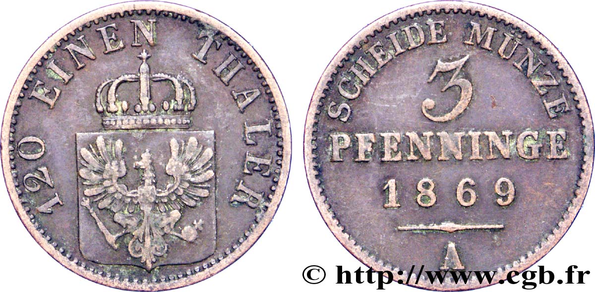 ALEMANIA - PRUSIA 3 Pfenninge Royaume de Prusse écu à l’aigle 1869 Berlin BC+ 