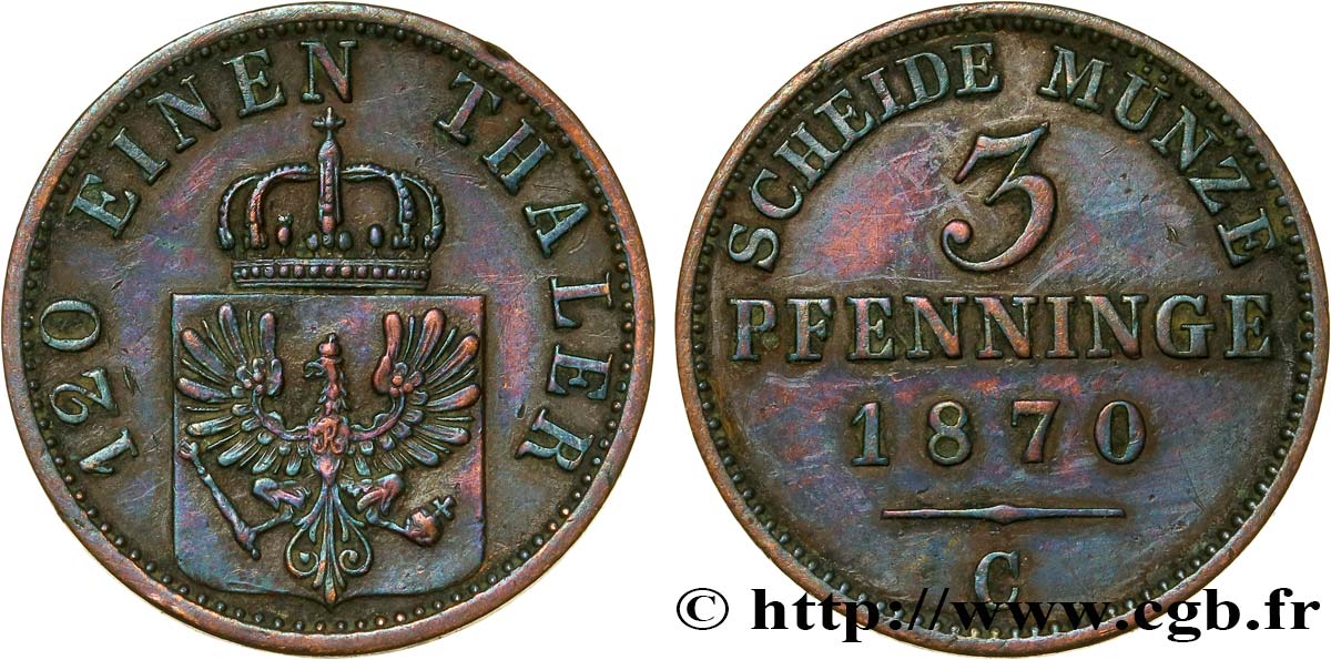 GERMANIA - PRUSSIA 3 Pfenninge Royaume de Prusse écu à l’aigle 1870 Francfort - C BB 