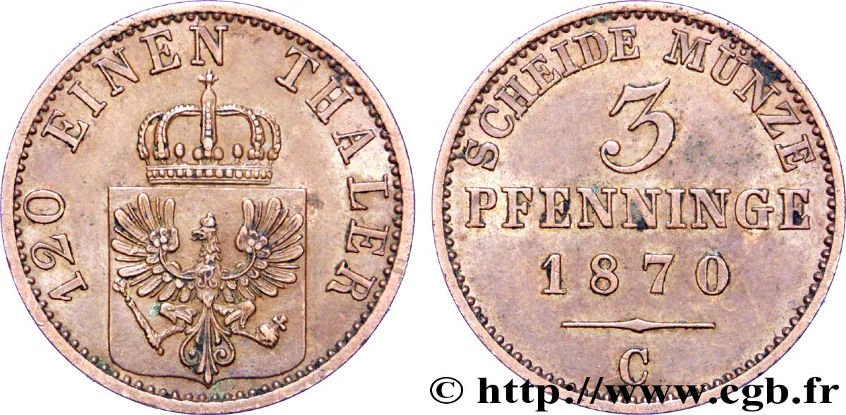 GERMANIA - PRUSSIA 3 Pfenninge Royaume de Prusse écu à l’aigle 1870 Francfort - C q.SPL 