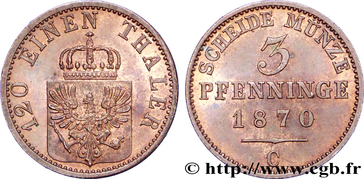 ALEMANIA - PRUSIA 3 Pfenninge Royaume de Prusse écu à l’aigle 1870 Francfort - C EBC 