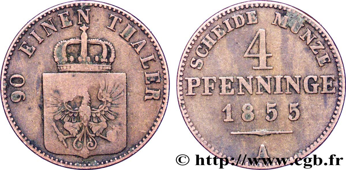 ALEMANIA - PRUSIA 4 Pfenninge Royaume de Prusse écu à l’aigle 1855 Berlin BC 