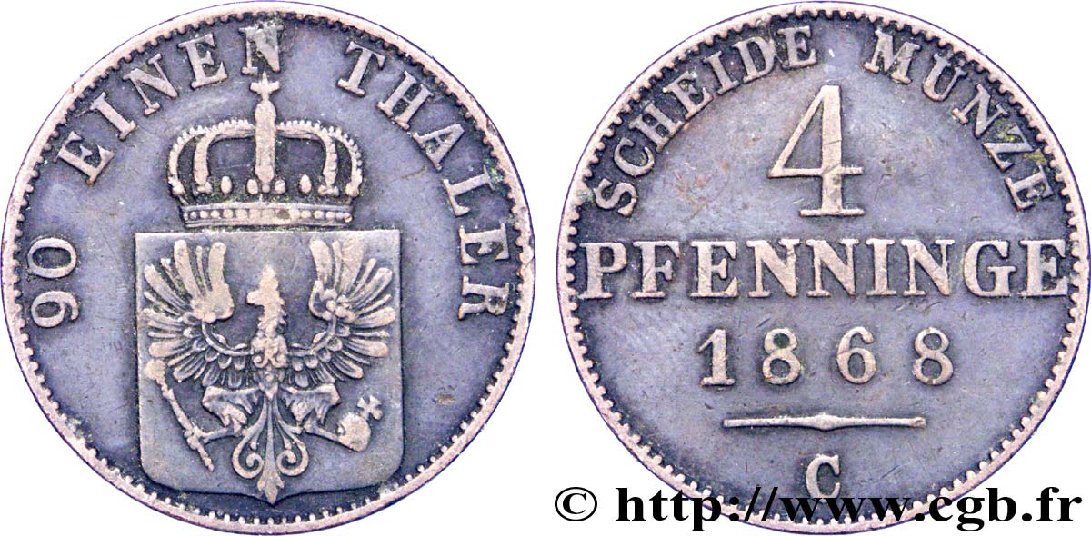 GERMANIA - PRUSSIA 4 Pfenninge Royaume de Prusse écu à l’aigle 1868 Francfort - C q.BB 