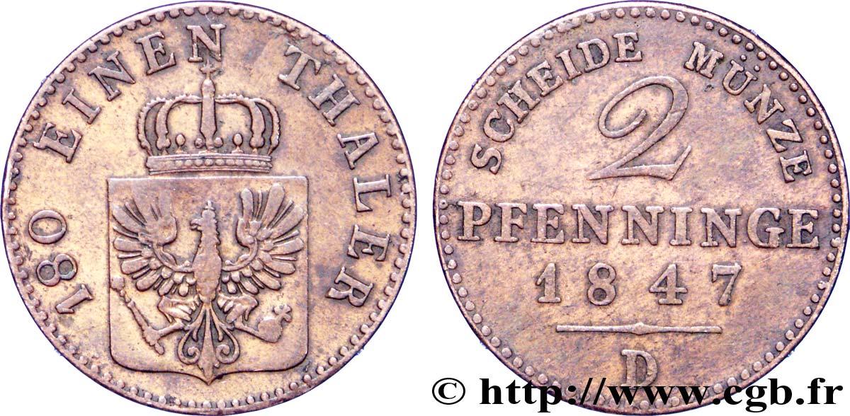 ALEMANIA - PRUSIA 2 Pfenninge Royaume de Prusse écu à l’aigle 1847 Düsseldorf - D BC+ 