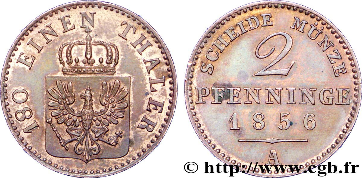 ALEMANIA - PRUSIA 2 Pfenninge Royaume de Prusse écu à l’aigle 1856 Berlin EBC 