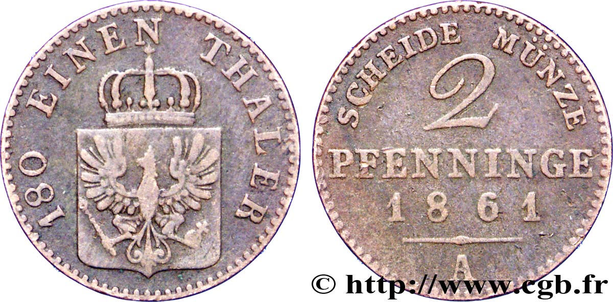 ALEMANIA - PRUSIA 2 Pfenninge Royaume de Prusse écu à l’aigle 1861 Berlin BC+ 