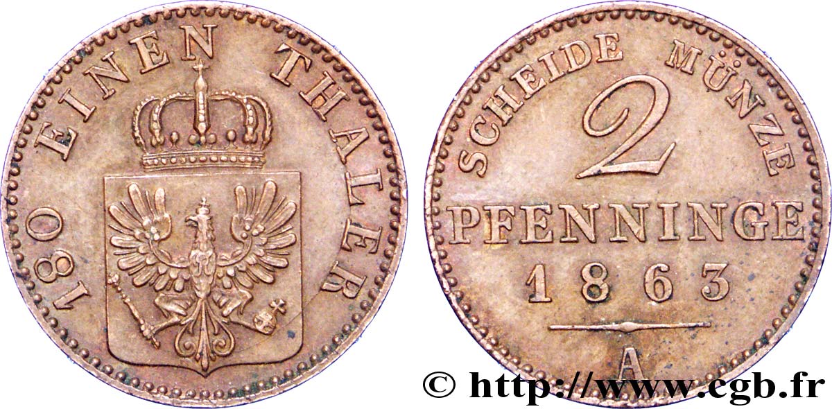 ALEMANIA - PRUSIA 2 Pfenninge Royaume de Prusse écu à l’aigle 1863 Berlin EBC 