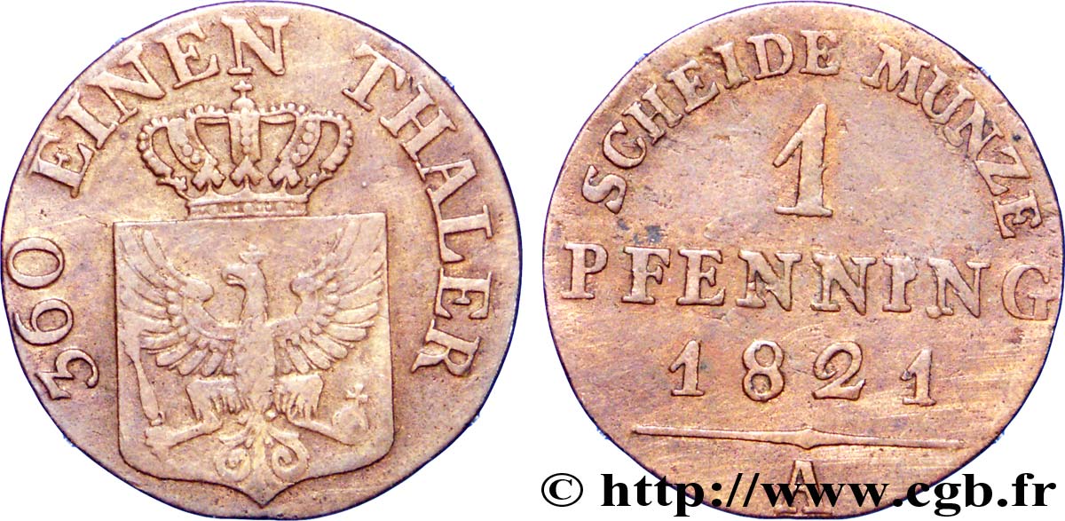 GERMANIA - PRUSSIA 1 Pfenninge Royaume de Prusse écu à l’aigle 1821 Berlin BB 