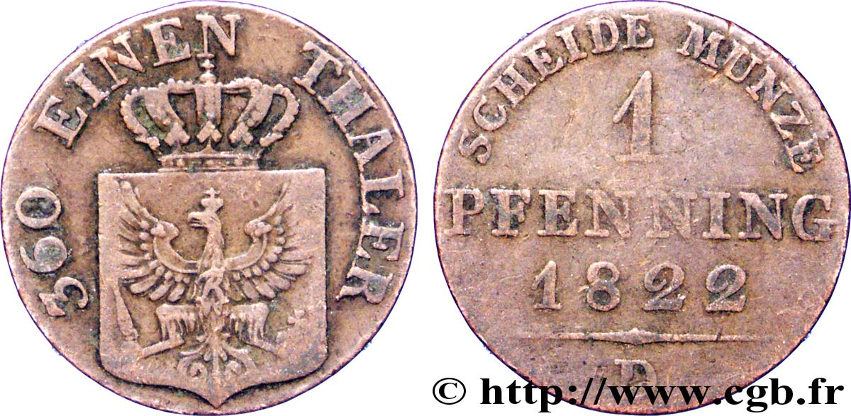 ALEMANIA - PRUSIA 1 Pfenninge Royaume de Prusse écu à l’aigle 1822 Düsseldorf - D BC+ 