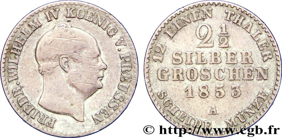 GERMANY - PRUSSIA 2 1/2 Silbergroschen Royaume de Prusse Frédéric Guillaume IV 1853 Berlin VG 