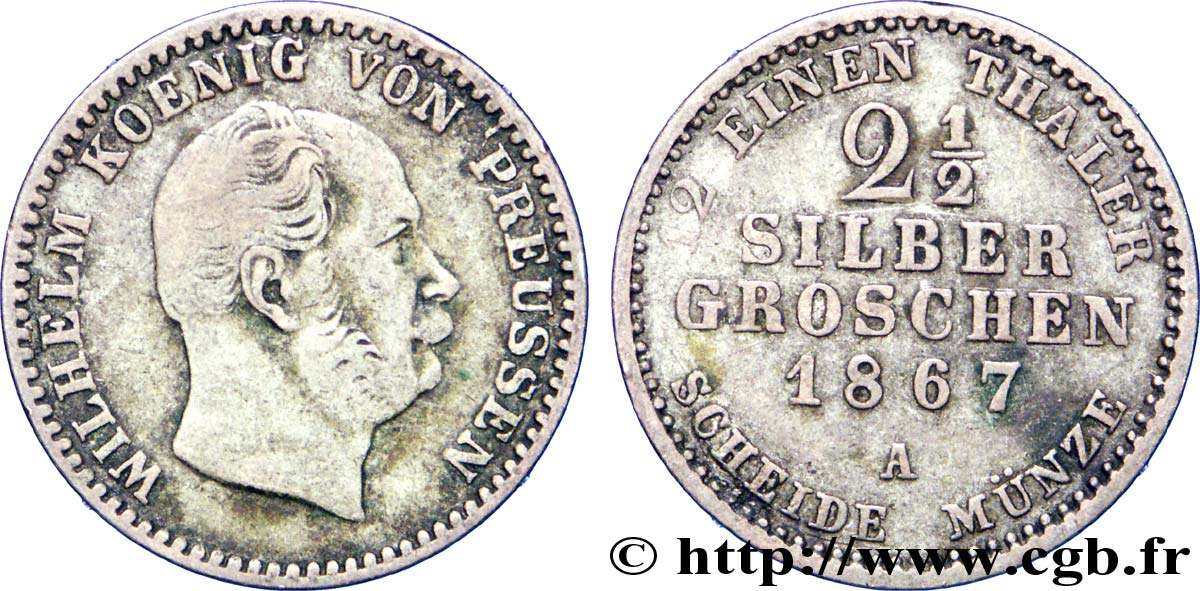 GERMANY 2 1/2 Silbergroschen (1/12 Thaler) Guillaume 1867 Berlin VF 