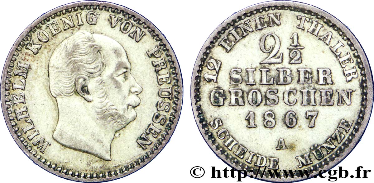 GERMANY 2 1/2 Silbergroschen (1/12 Thaler) Guillaume 1867 Berlin AU 
