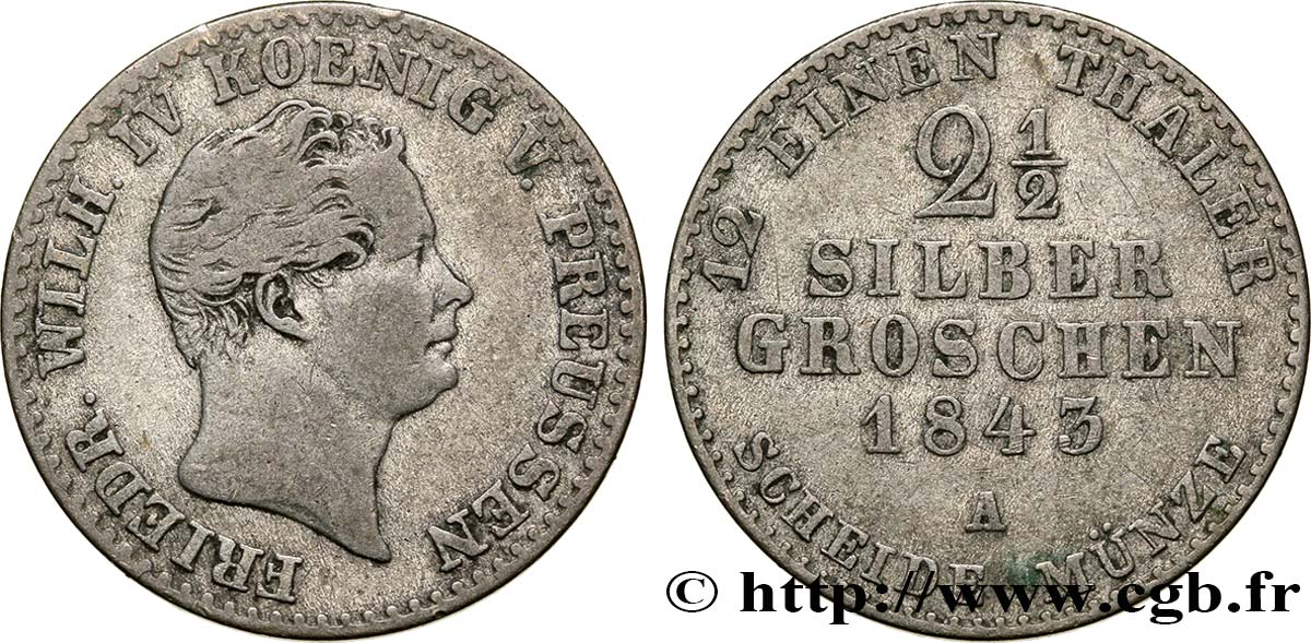 GERMANIA - PRUSSIA 2 1/2 Silbergroschen Royaume de Prusse Frédéric Guillaume IV 1843 Berlin q.BB 