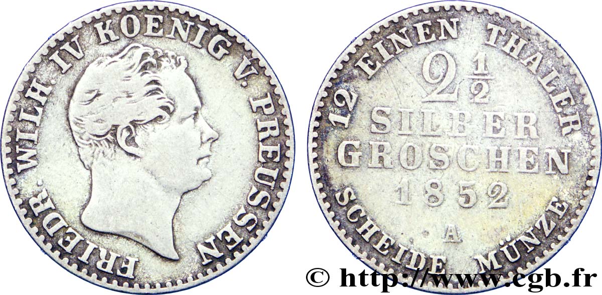 GERMANY - PRUSSIA 2 1/2 Silbergroschen Royaume de Prusse Frédéric Guillaume IV 1852 Berlin XF 