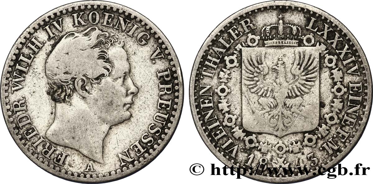 GERMANY - PRUSSIA 1/6 Thaler Frédéric Auguste II 1843 Berlin VF 