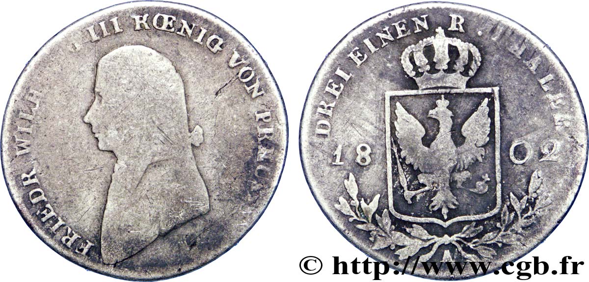 GERMANIA - PRUSSIA 1/3 Thaler Frédéric-Guillaume III roi de Prusse 1802 Berlin q.MB 