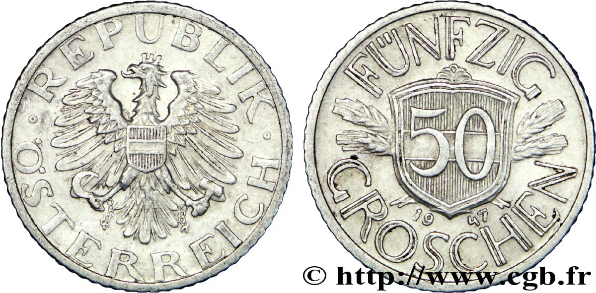 ÖSTERREICH 50 Groschen aigle 1947  VZ 