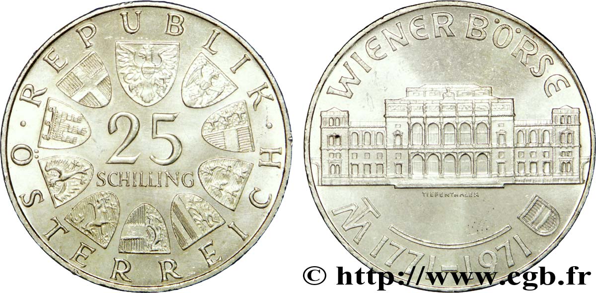 ÖSTERREICH 25 Schilling emblème / 200e anniversaire de la Bourse de Vienne 1971  VZ 