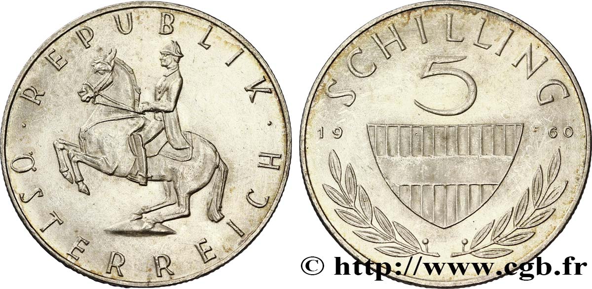 AUSTRIA 5 Schilling bouclier / cavalier sur un cheval Lippizan du haras de Piber  1960  MS 
