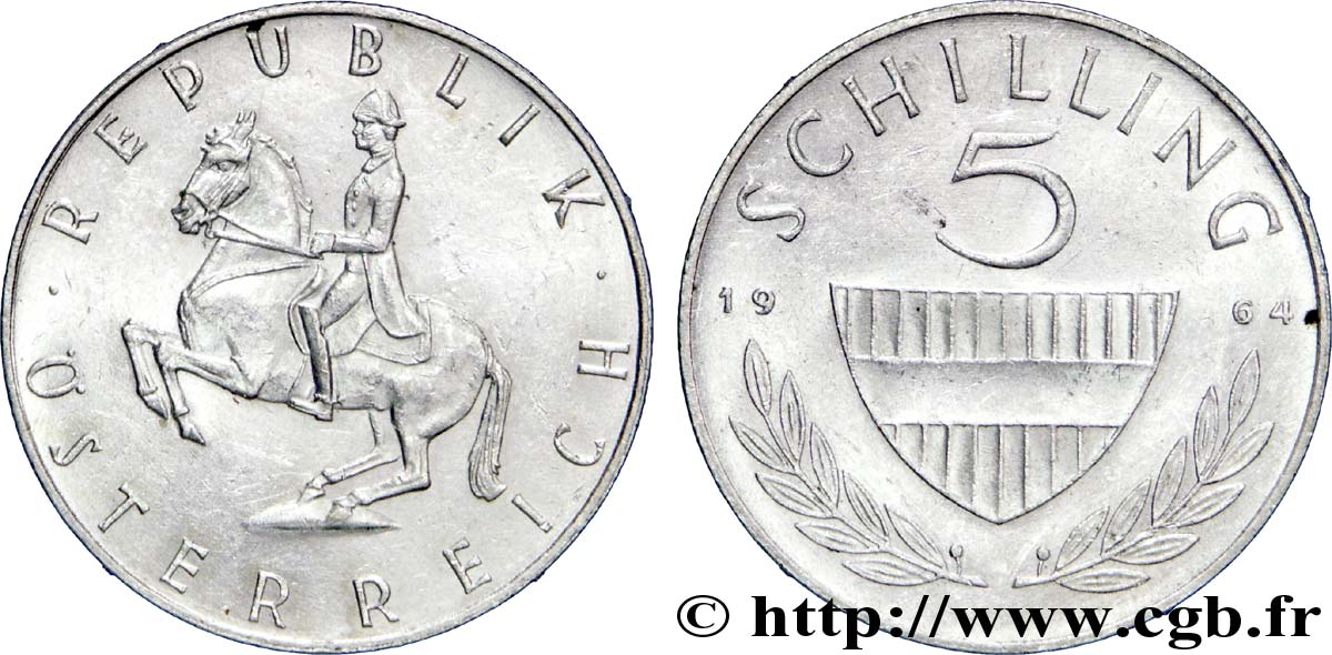 AUSTRIA 5 Schilling bouclier / cavalier sur un cheval Lippizan du haras de Piber  1964  AU 