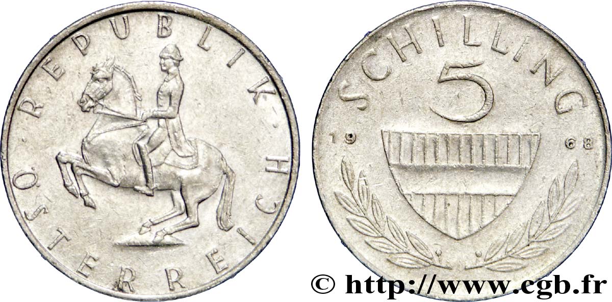 ÖSTERREICH 5 Schilling bouclier / cavalier sur un cheval Lippizan du haras de Piber  1968  SS 