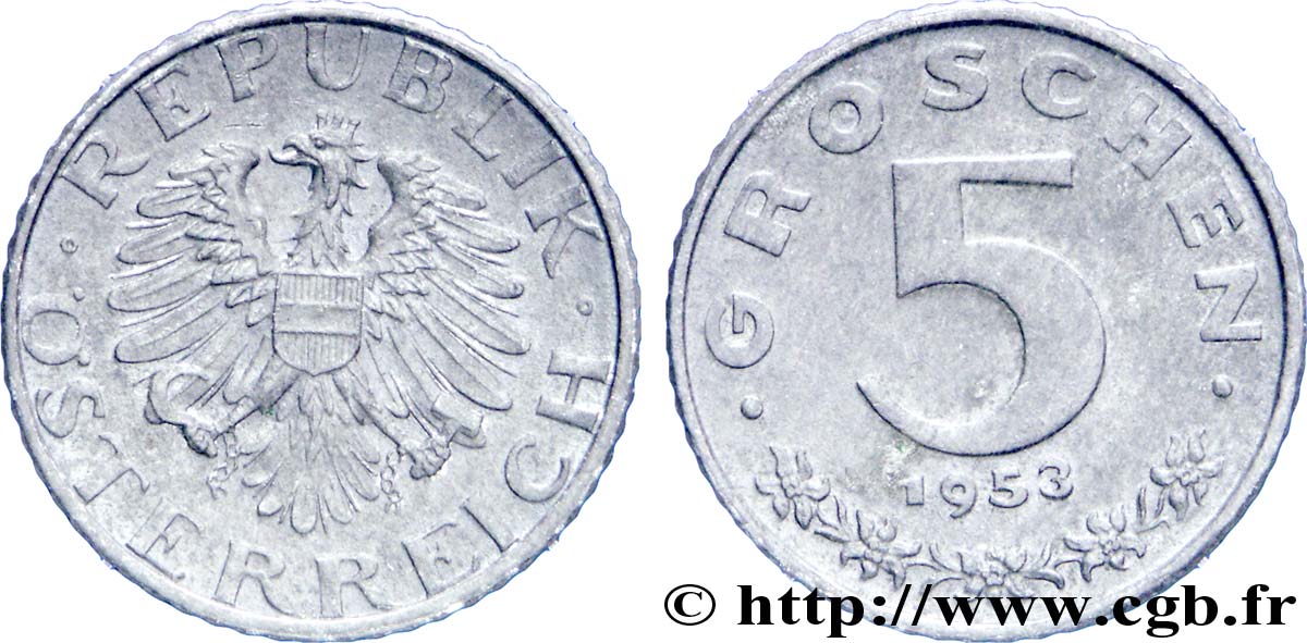 AUSTRIA 5 Groschen aigle 1953  EBC 