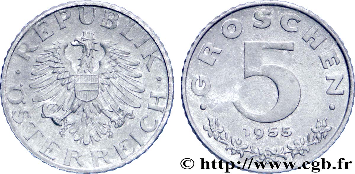 AUSTRIA 5 Groschen aigle 1955  EBC 