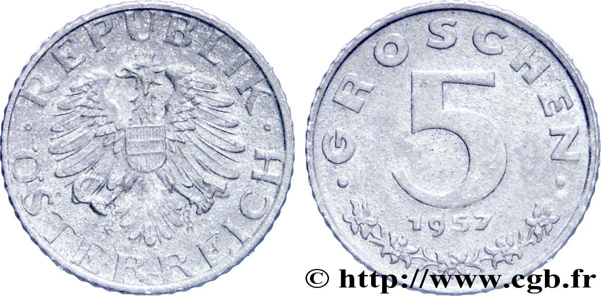 AUSTRIA 5 Groschen aigle 1957  EBC 