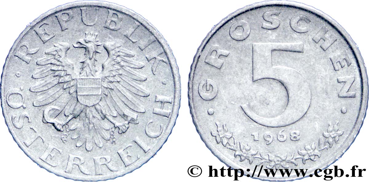 AUSTRIA 5 Groschen aigle 1968  EBC 