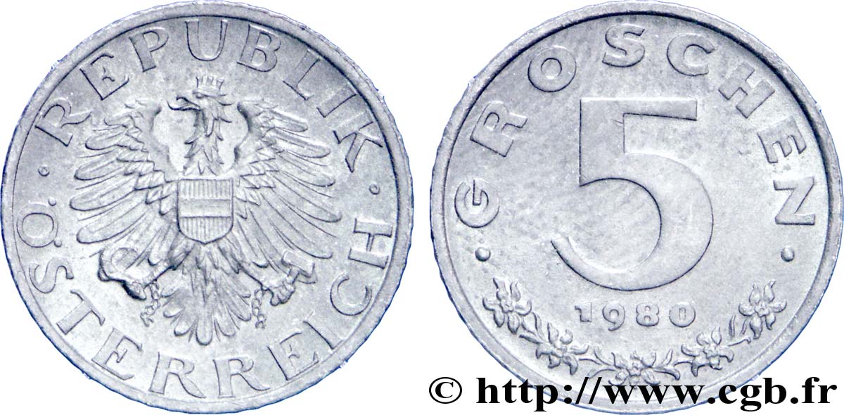 AUSTRIA 5 Groschen aigle 1980  EBC 